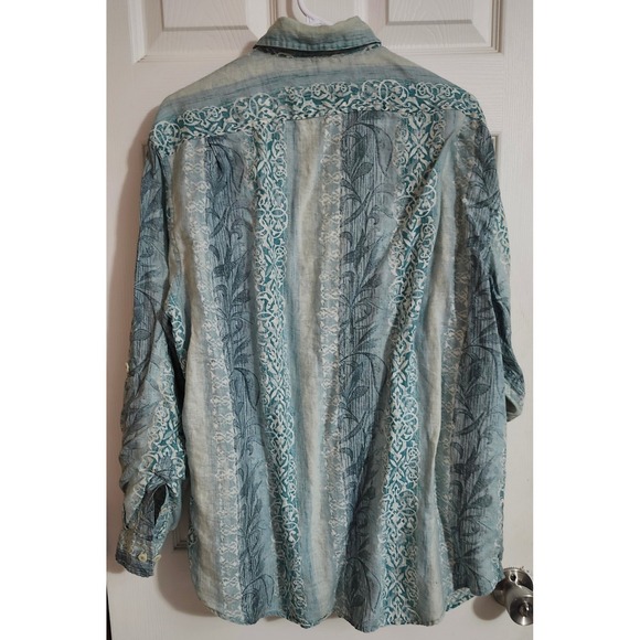 Caribbean Mens 100% Linen Long Sleeve Button Down Shirt Blue Floral Stripe Large - Picture 2 of 14